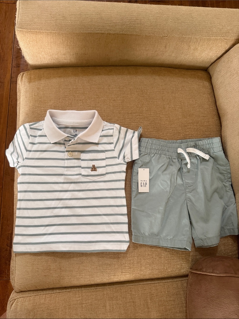 GAP White Polo with Light Blue Stripes & Sage Green Shorts Set